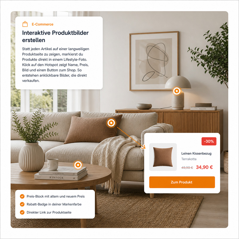 Lifestyle-Produktfoto mit zwei Hotspots, die zu Produktdetails verlinken