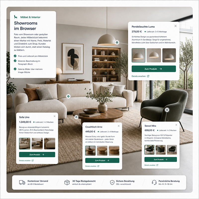 Showroom-Foto mit Möbelstück und zwei Markern für Produkte