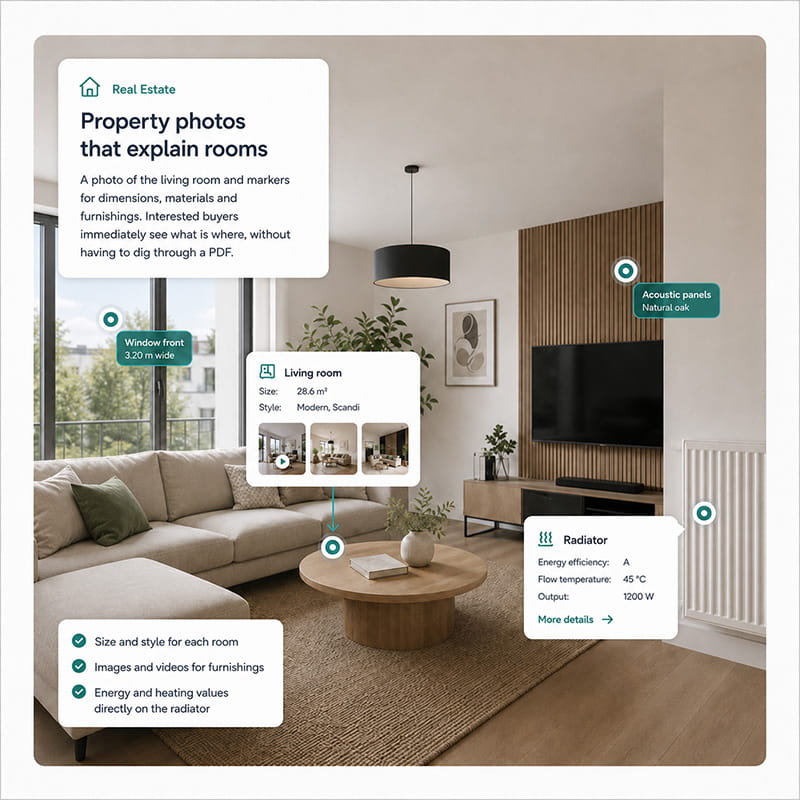 Living room photo with rectangle marker around an area and an additional pin